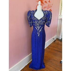 Vintage Alyce Designs Royal Blue Beaded Gown | Size 12 | Open Back